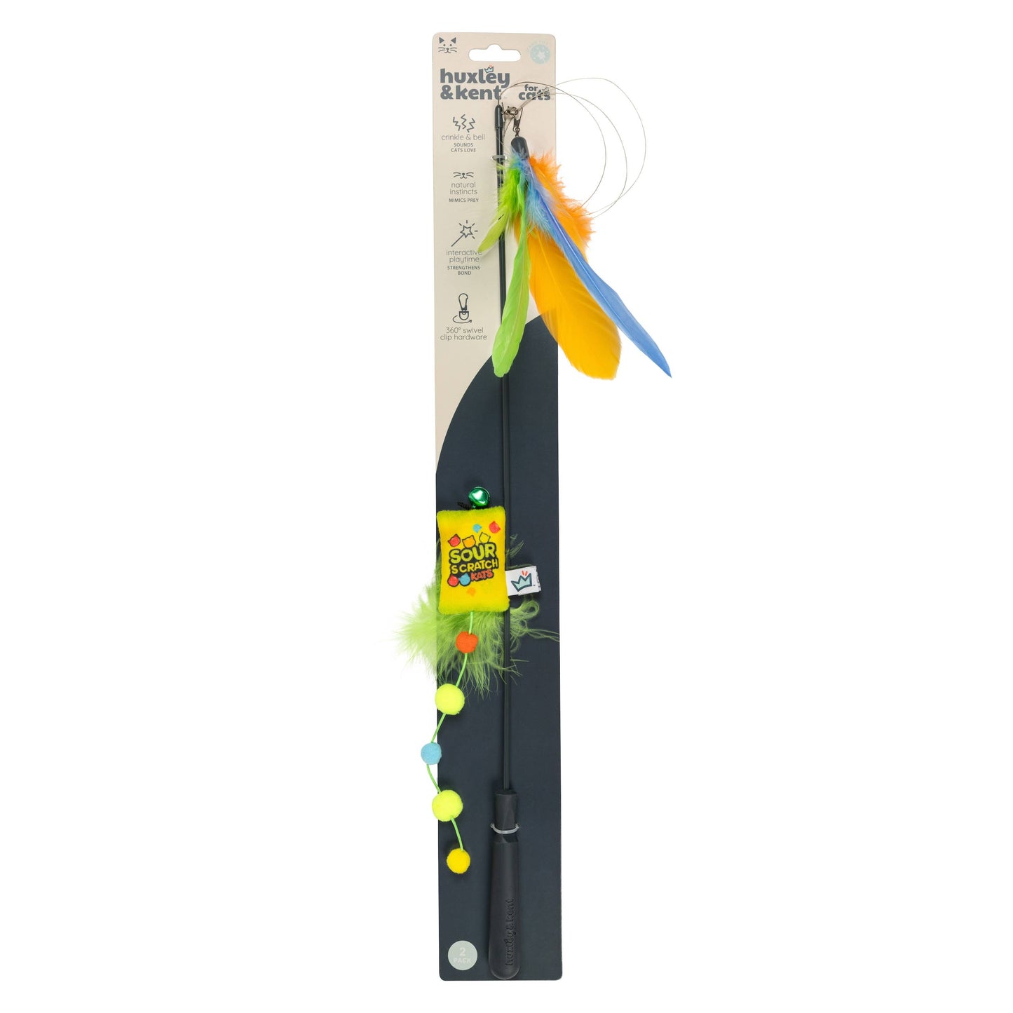 Multicolored feather cat wand toy with bell and crinkle, featuring a sour scratch design.
