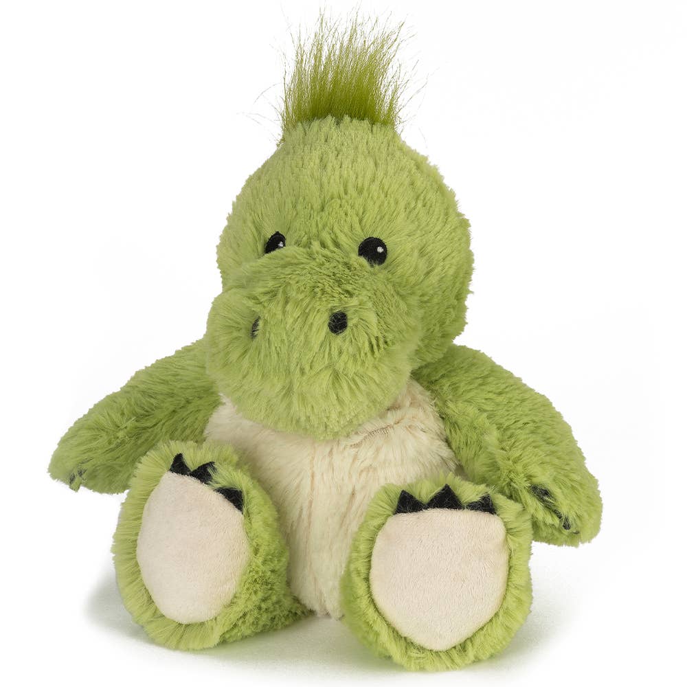 Green dinosaur plush toy with a cream belly and tuft of green hair on top, sitting with a chubby, huggable shape.