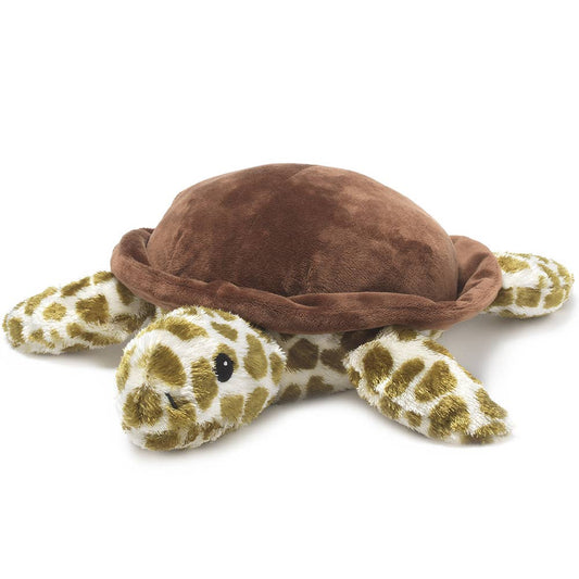 Plush sea turtle with brown shell and mottled cream-and-green flippers; realistic sea turtle texture.