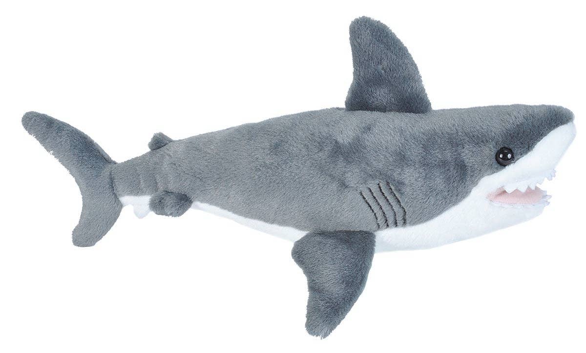 Mini plush great white shark with soft grey and white coloring