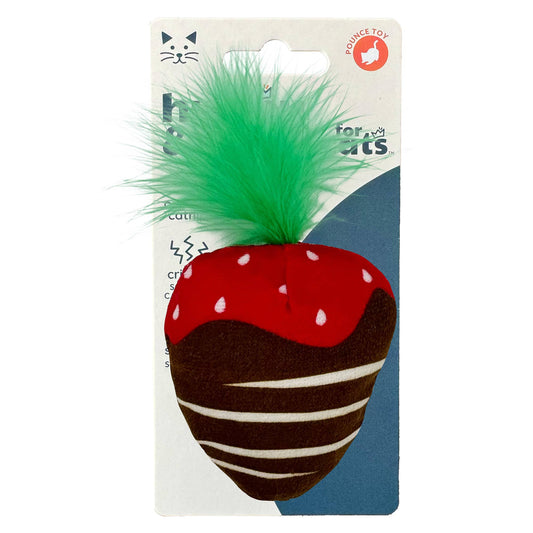 Plush chocolate strawberry cat toy with green feather top