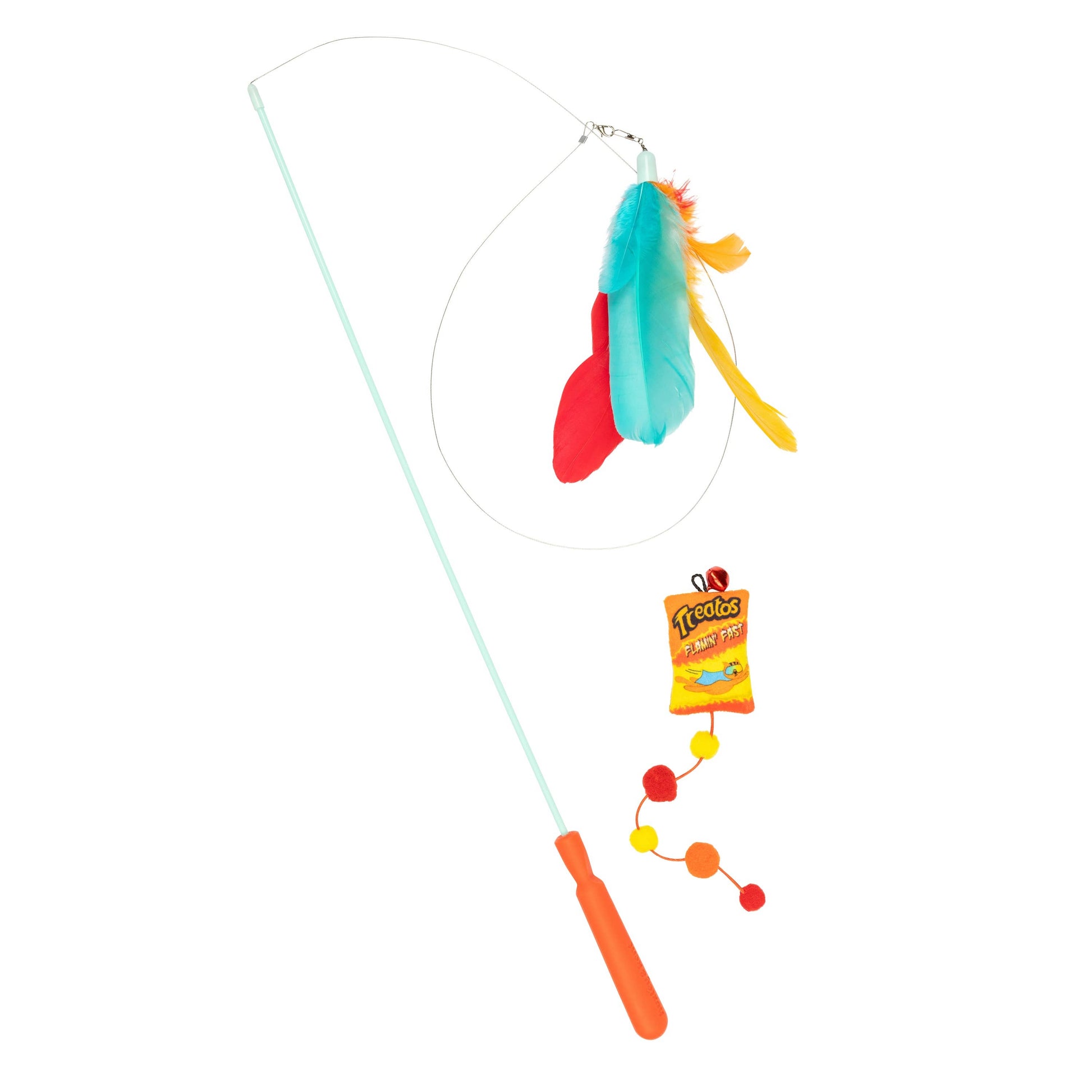 Interactive cat wand toy with colorful feathers, plush treatos pouch, and pom-pom chain.