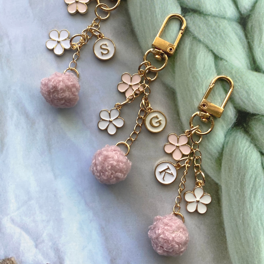 Floral Initial Keychain with Pom Charm – Choose Letter | Gifts for Girls, Unique Accessories