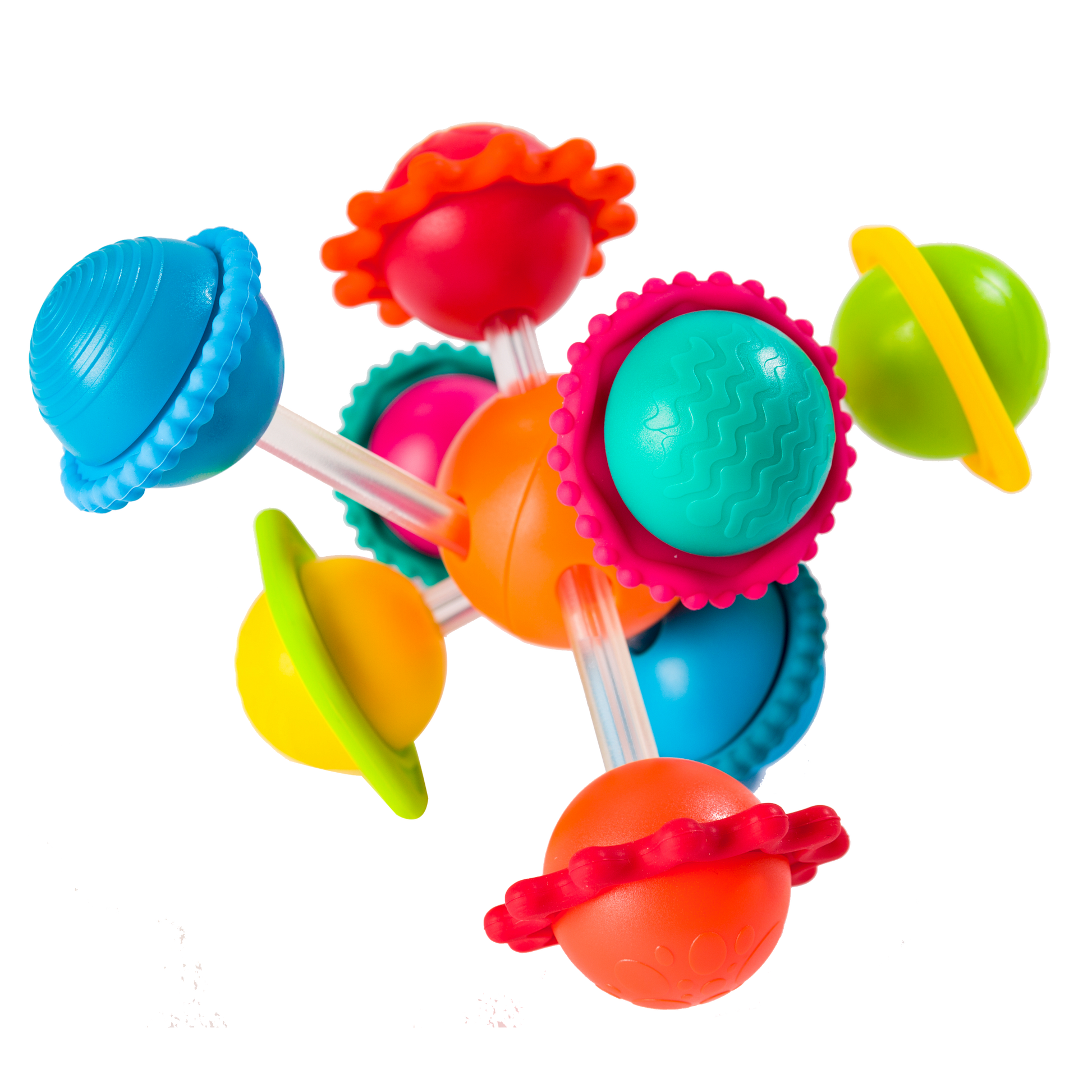 Multicolor sensory activity toy with spinning silicone rings and textured shapes for baby play.