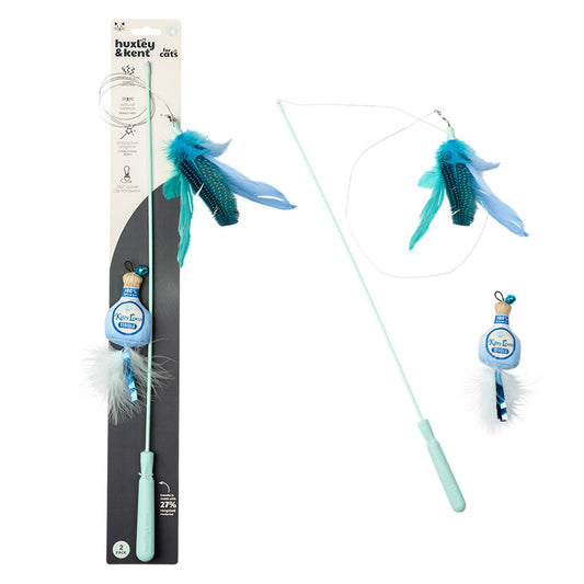 Cat toy wand with blue feathers and plush tequila bottle charm