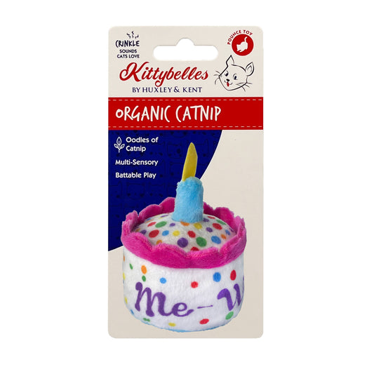 Colorful plush birthday cake cat toy with crinkle and candle top