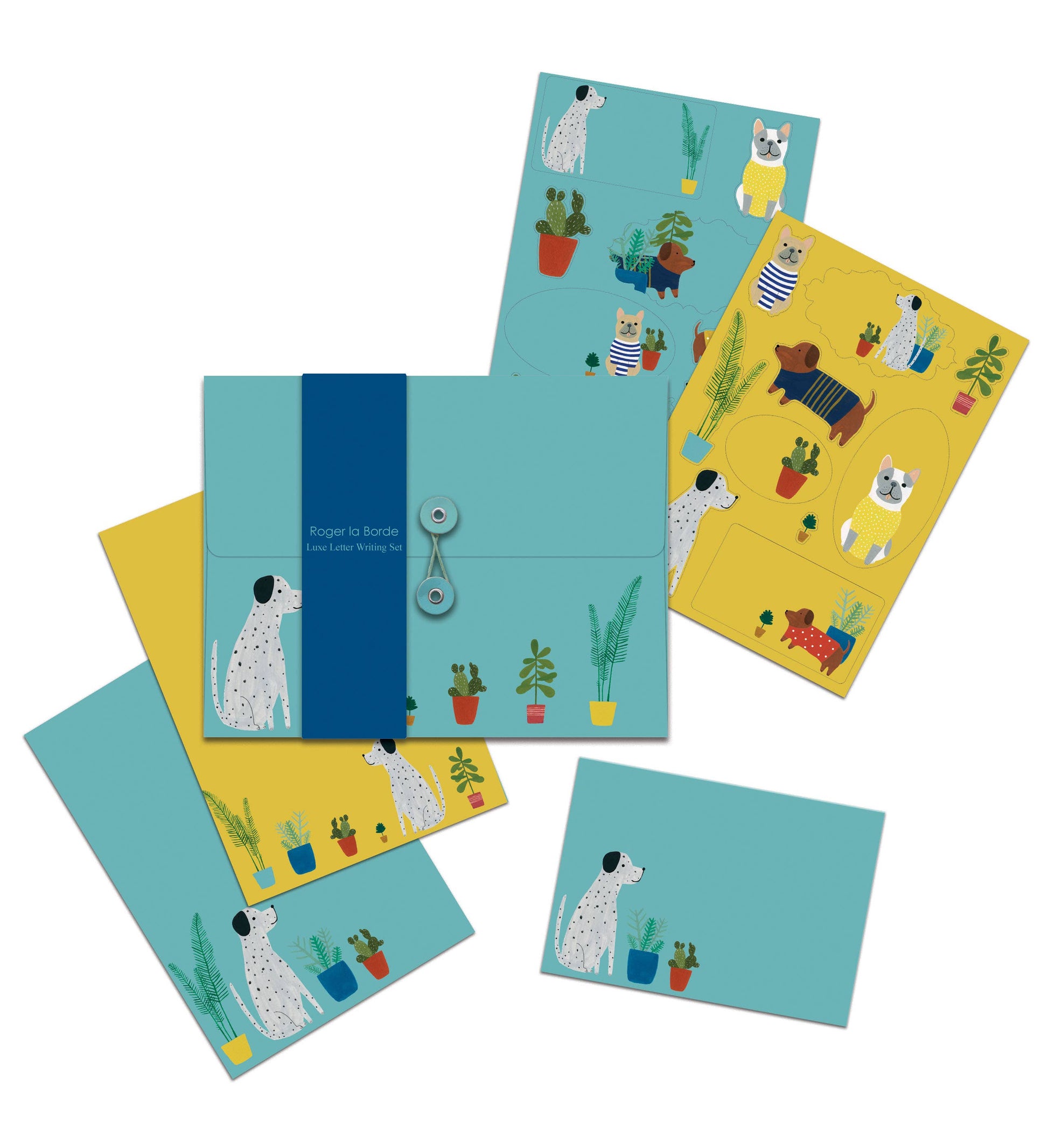 Whimsical dog-themed letter writing set with matching envelopes and dog stickers.