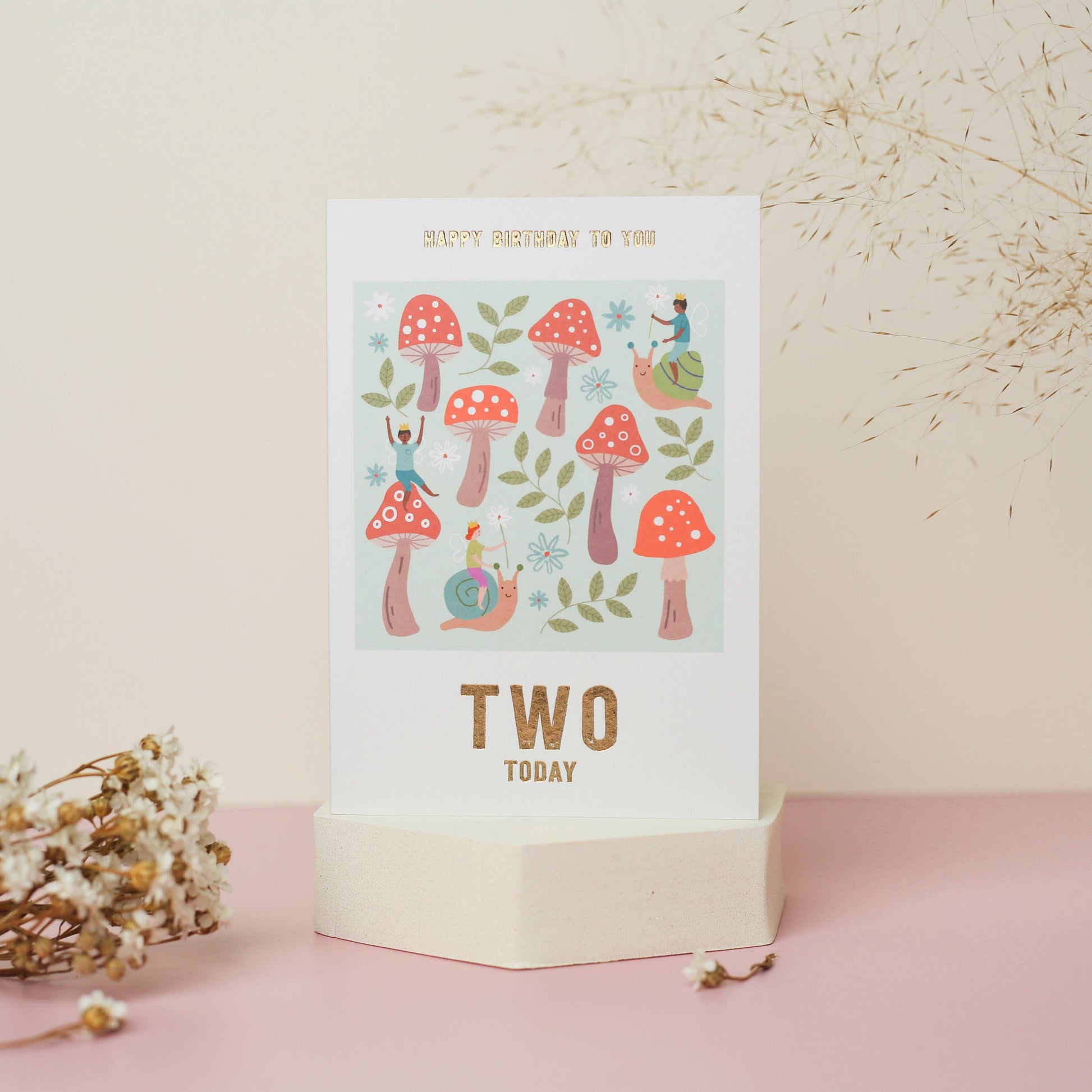 Illustrated birthday card with red toadstools, tiny fairies riding snails, and the gold-foiled caption "Two Today".