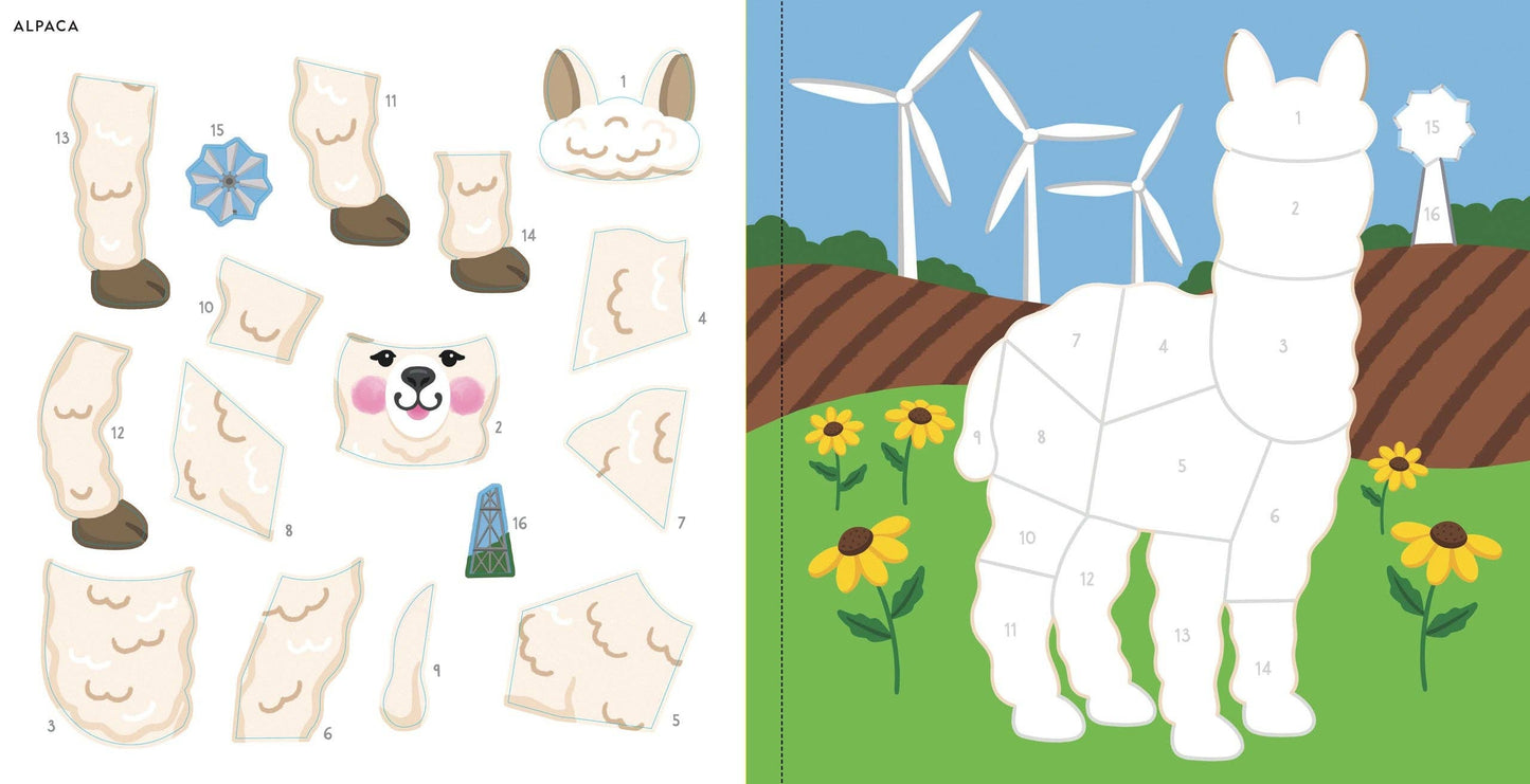 Color-by-sticker book featuring a farm animal alpaca with numbered stickers for creative play.
