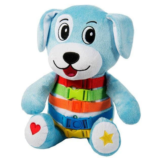 Blue plush dog toy with colorful buckle straps and embroidered shapes