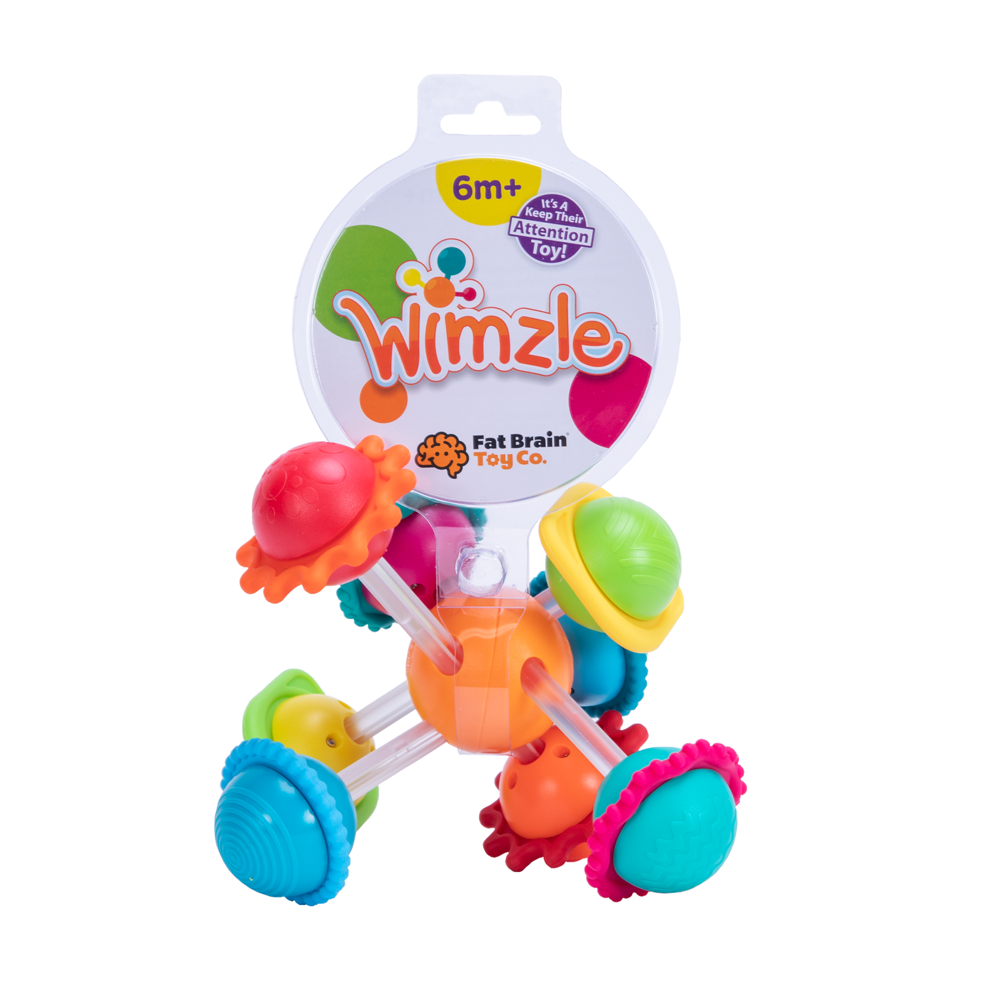Multicolor sensory activity toy with spinning silicone rings and textured shapes for baby play.