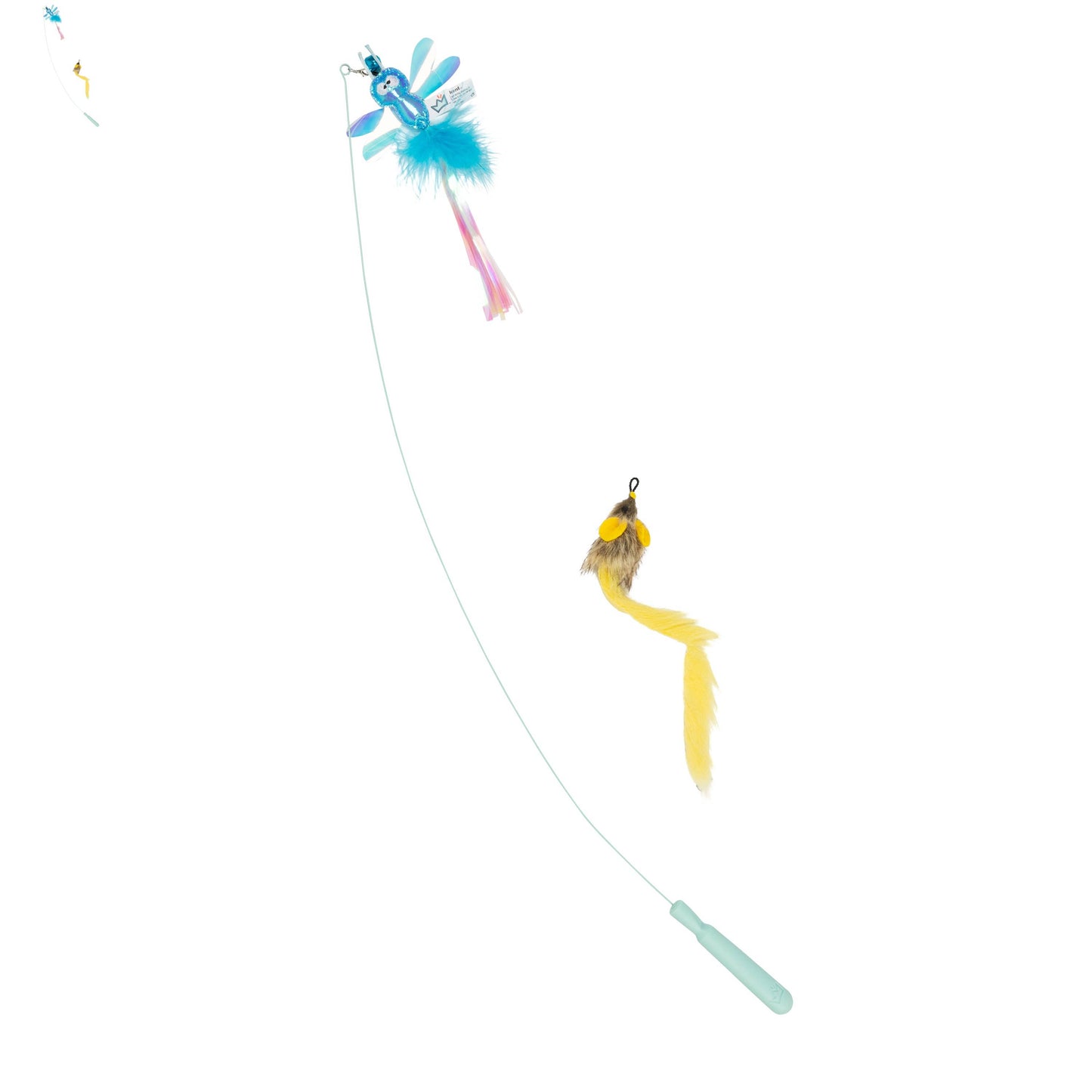 A wire wand toy with a blue dragonfly and a fuzzy yellow mouse for interactive pet play.