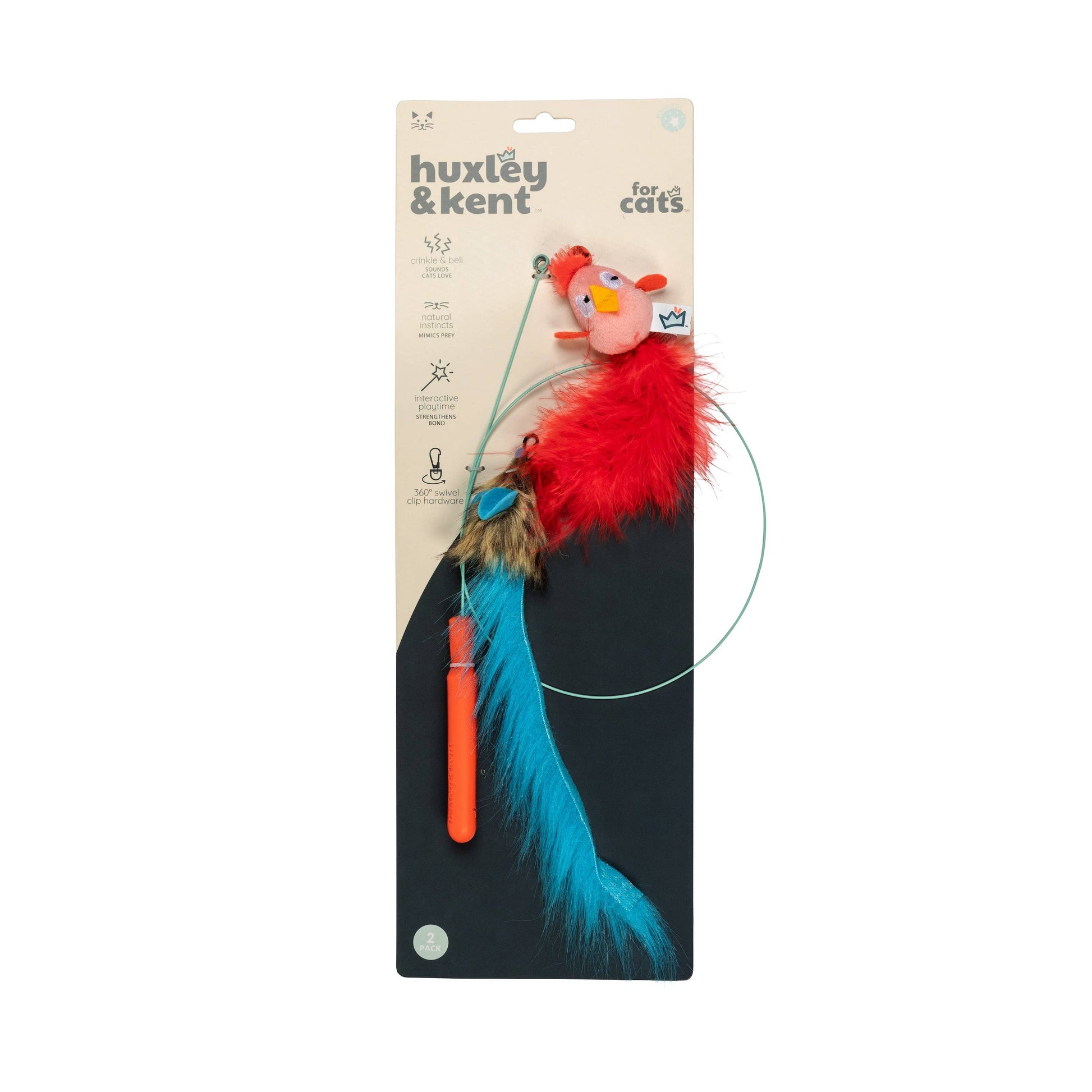 Cat wand toy set with a red bird and blue feather wand, crinkly and plush.