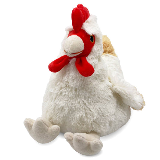 White plush chicken with soft beige wings, red comb and wattle, and a round, weighted shape.