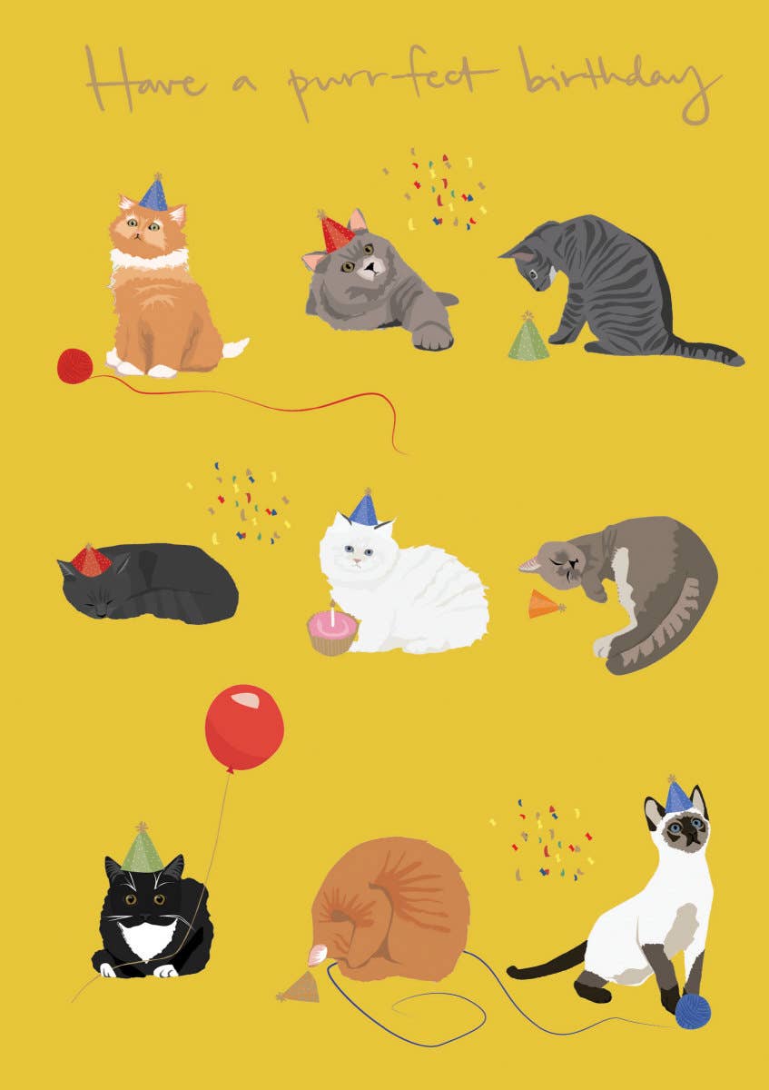 Birthday card featuring illustrated cats in party hats on a yellow background
