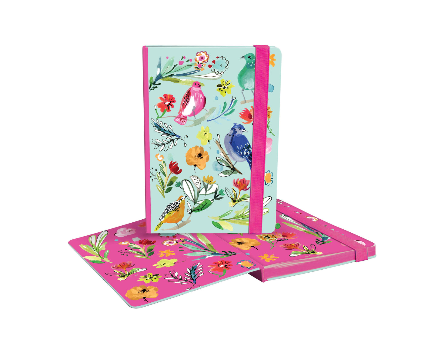 Colorful A5 journal with floral and bird illustrations and pink elastic binder