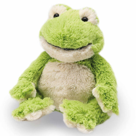 Large green frog plush with a cream belly and wide, smiling face, designed for heating comfort.