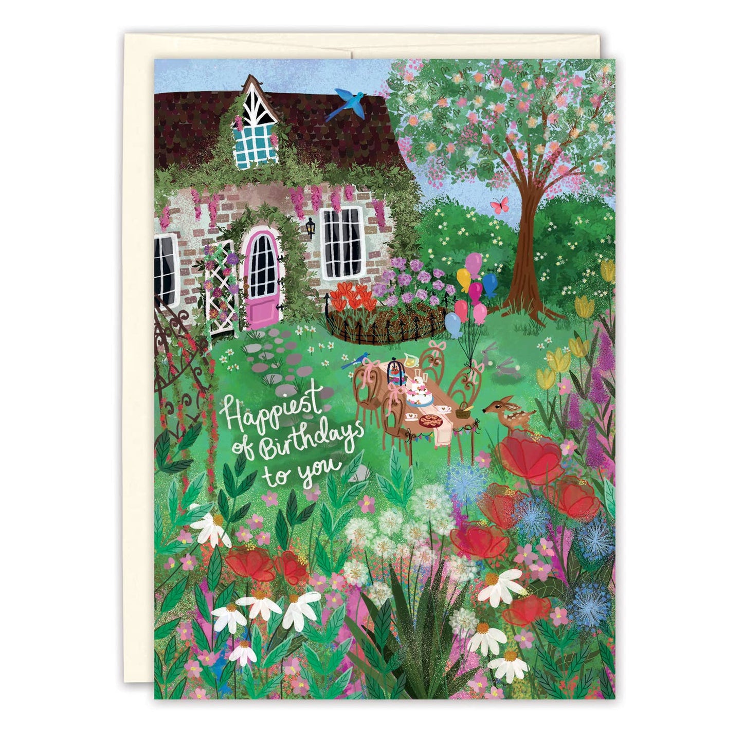 Colorful birthday card featuring a garden party scene with animals and flowers