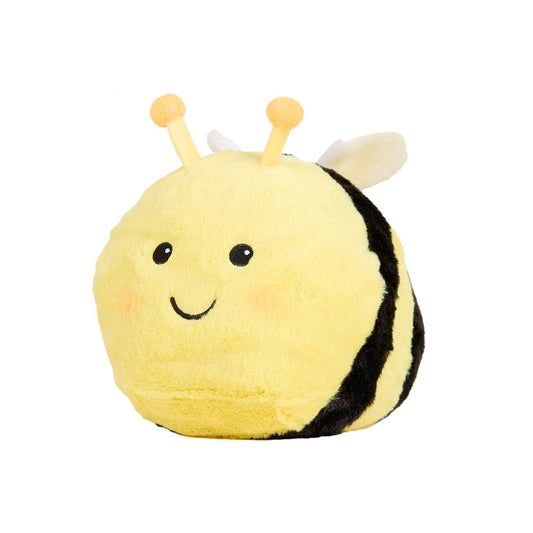 Plush yellow bee with black stripes, soft texture and smiling face
