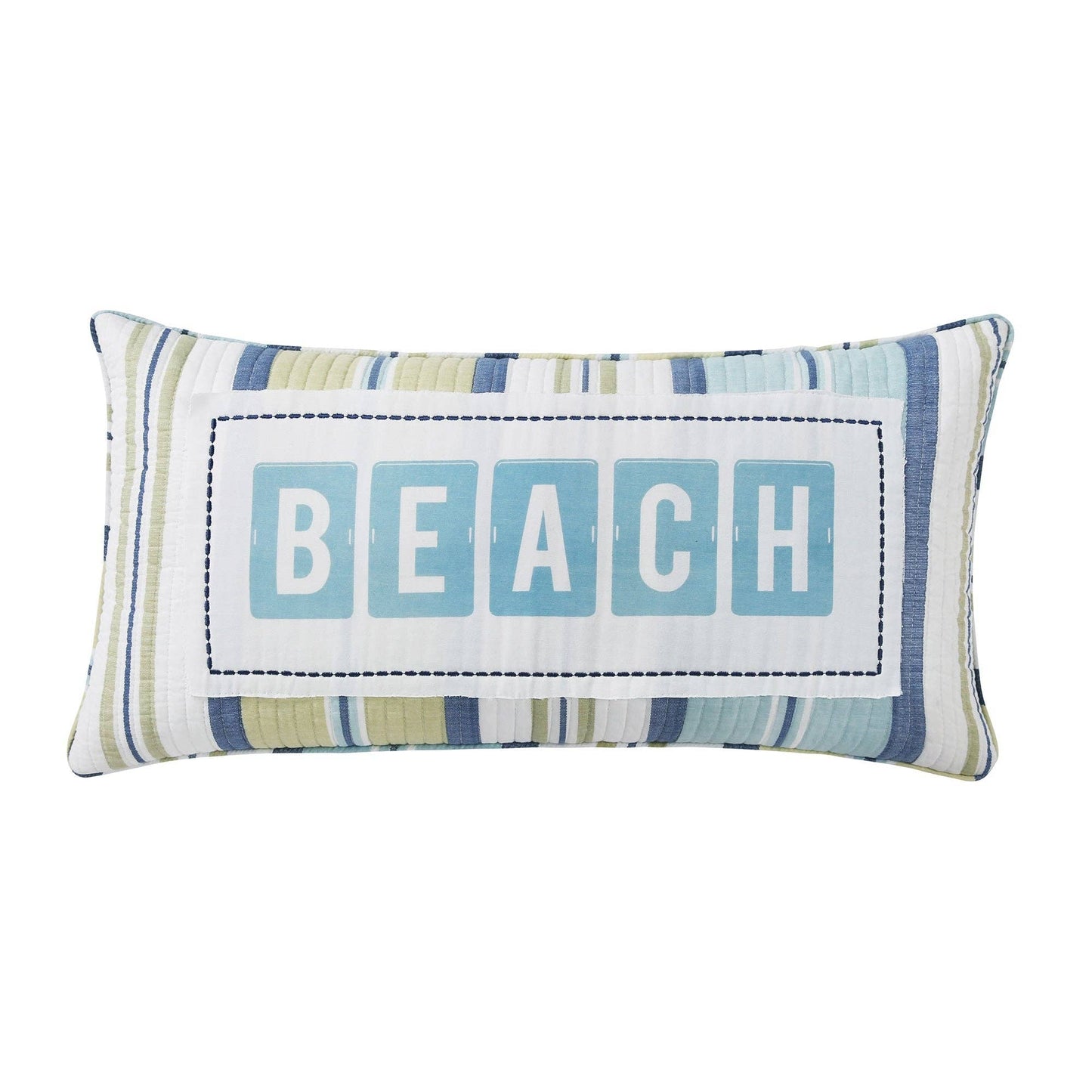 Rectangular striped pillow with blue and green tones featuring the word “BEACH” in block letters.