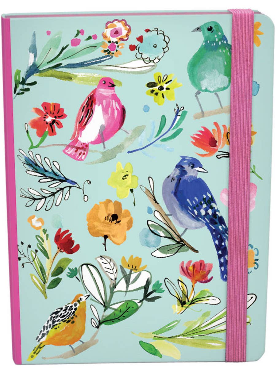 A5 journal with colorful bird and floral illustrations, elastic binder.