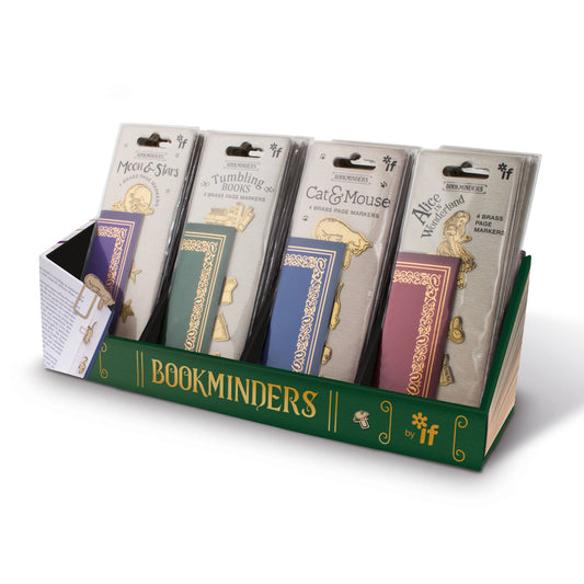 Brass page markers in themed sets including Alice in Wonderland, Cat and Mouse, Moon and Stars, and Tumbling Books