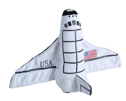 White plush space shuttle toy with USA flag details