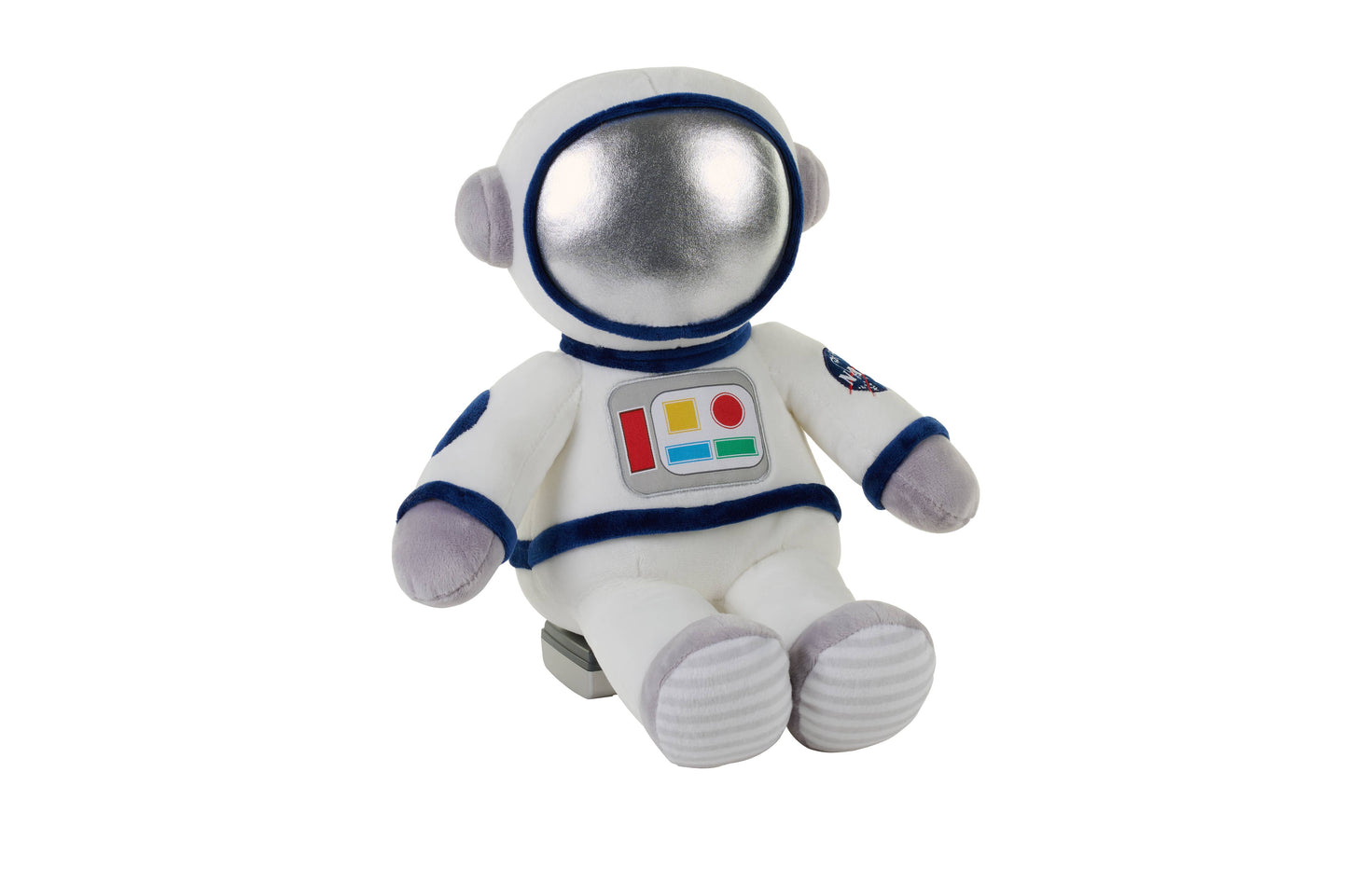Plush astronaut toy in a white suit with silver helmet and colorful control panel