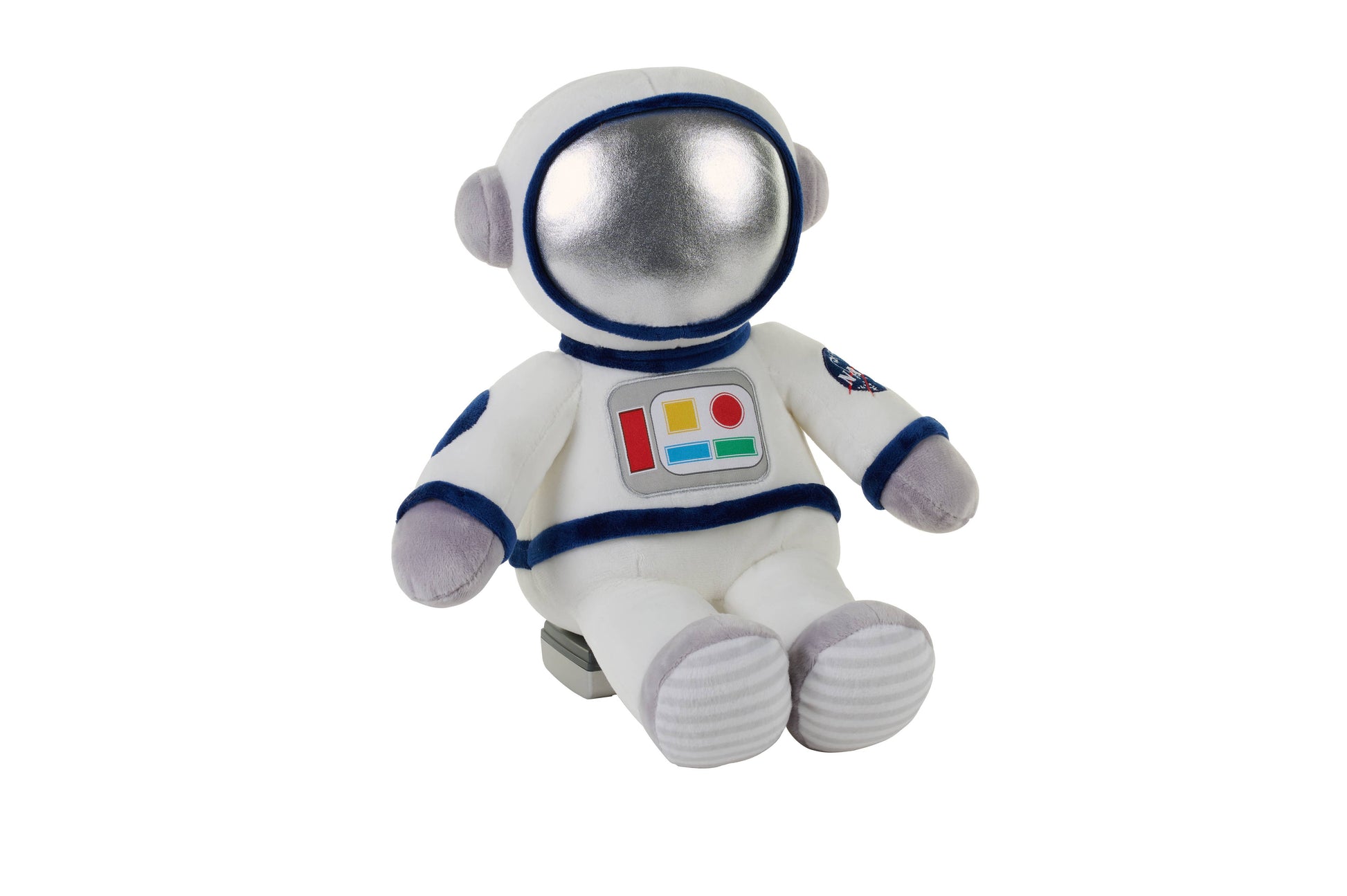Plush astronaut toy in a white suit with silver helmet and colorful control panel
