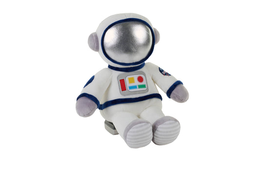 Plush astronaut toy in a white suit with silver helmet and colorful control panel