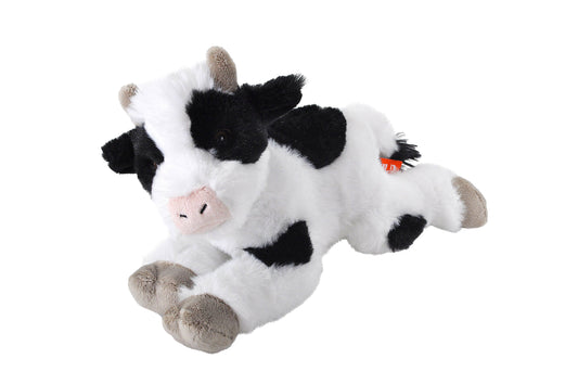 Black and white mini cow plush toy with soft details