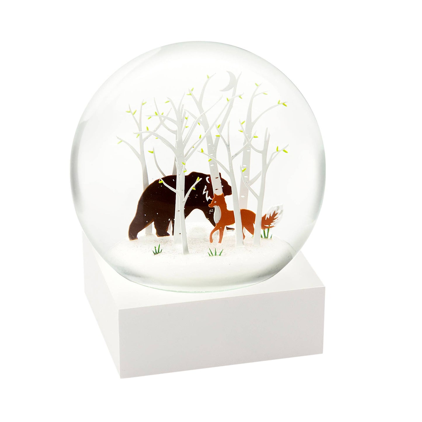 Fox and bear snow globe with spring trees on white base