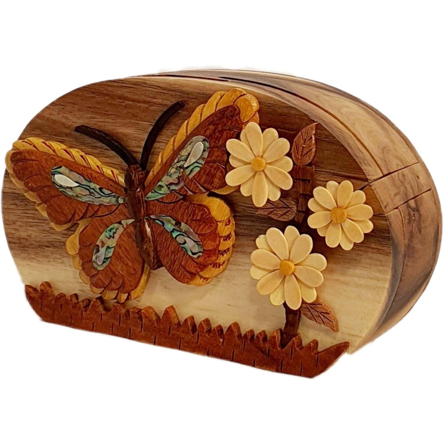 Hand-carved wooden keepsake box featuring a butterfly and daisies with mother of pearl inlay.