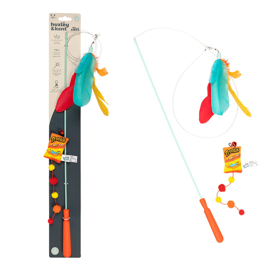 Cat toy wand with colorful feathers and plush Treatos snack design