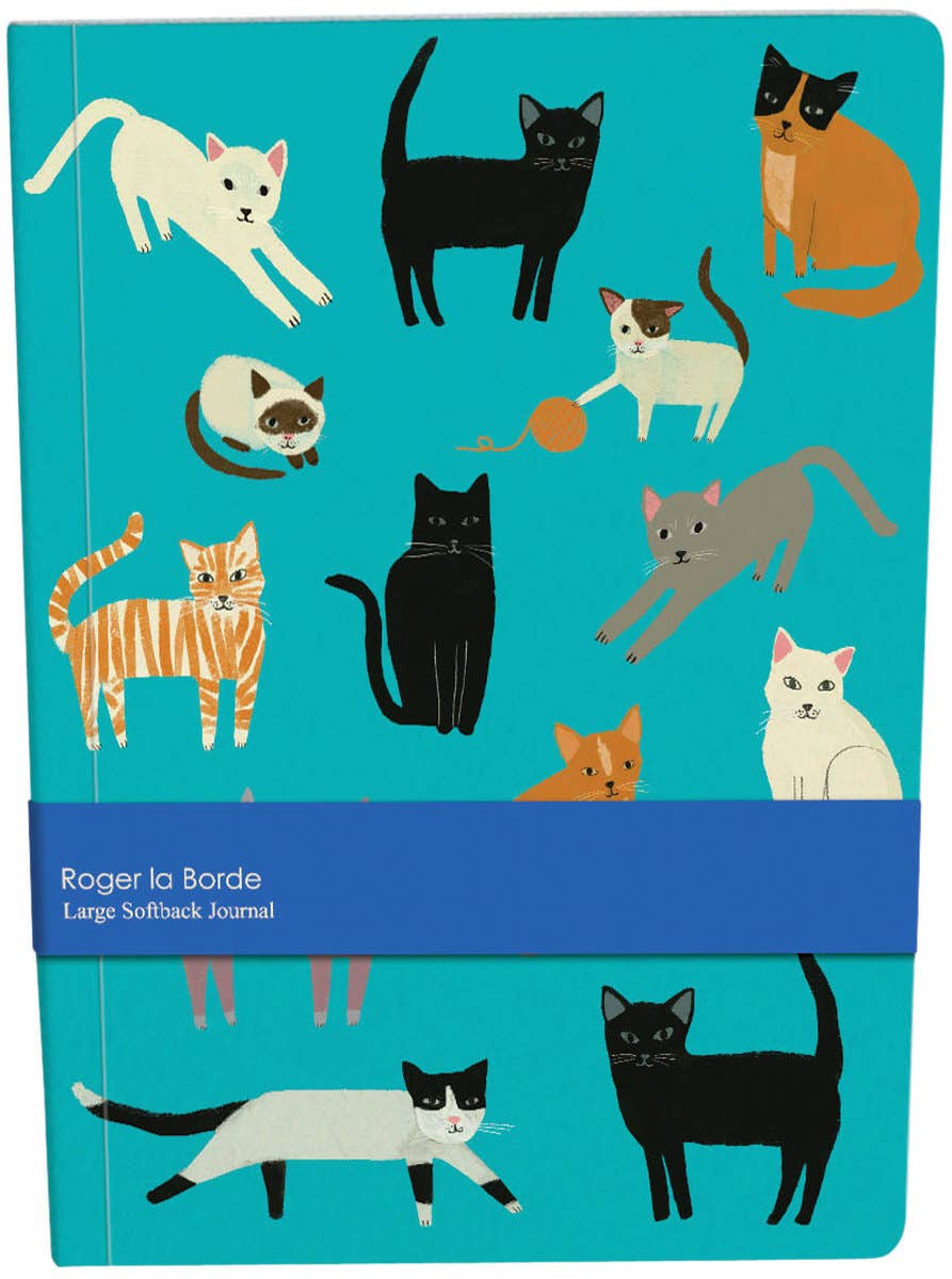 Large softback journal with colorful illustrated cats on a teal cover