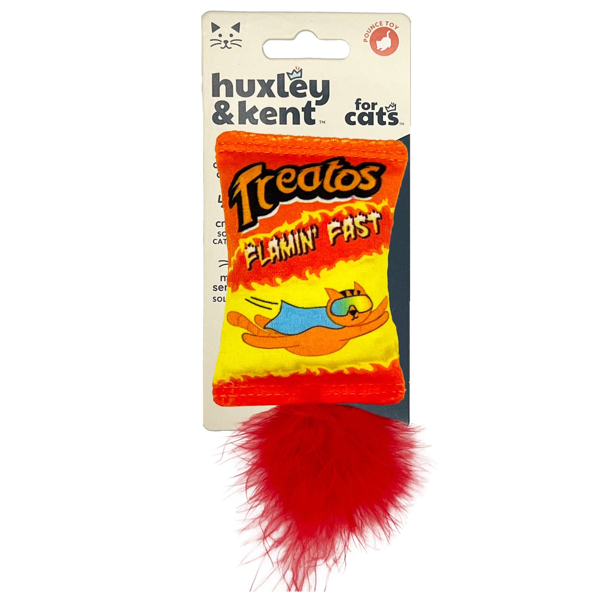 Flame-themed plush cat toy with red feather tail and comic design