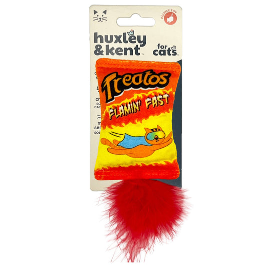 Flame-themed plush cat toy with red feather tail and comic design