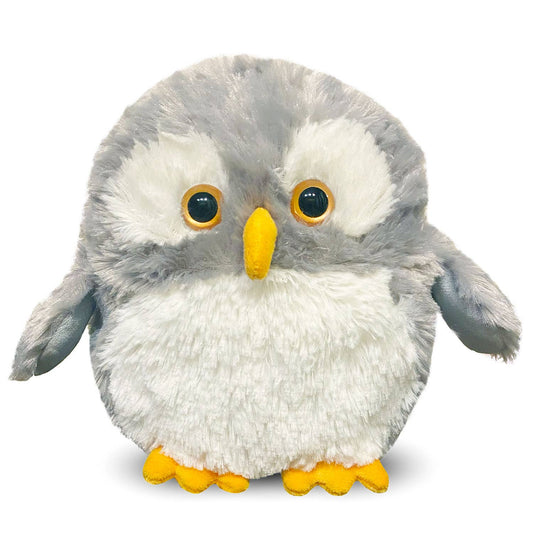 Gray and white plush owl with yellow beak and feet
