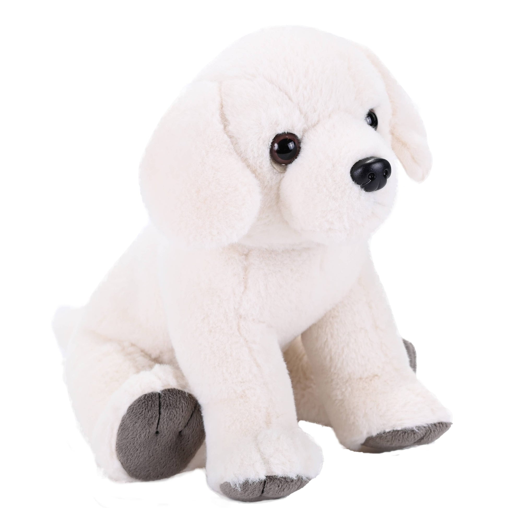 Cream-colored plush Labrador with floppy ears, black nose, and soft gray paw pads.