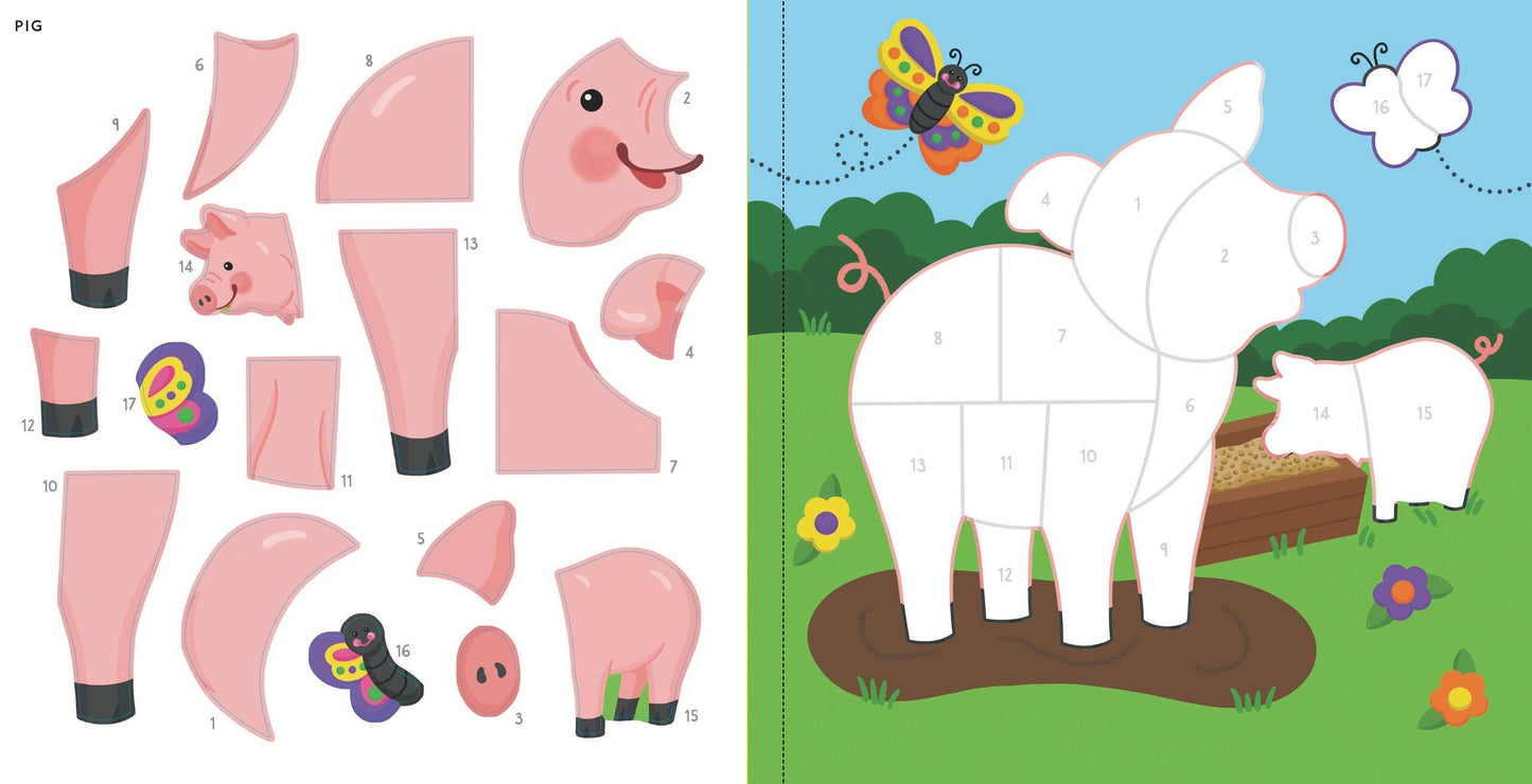A colorful farm animal-themed color-by-sticker book with numbered pieces for kids.