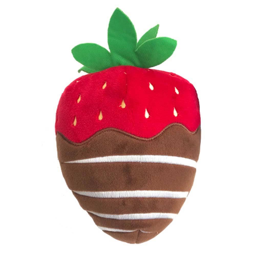 Plush chocolate-covered strawberry-shaped dog toy with green leaves