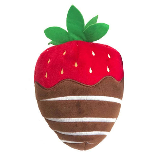 Plush chocolate-covered strawberry-shaped dog toy with green leaves