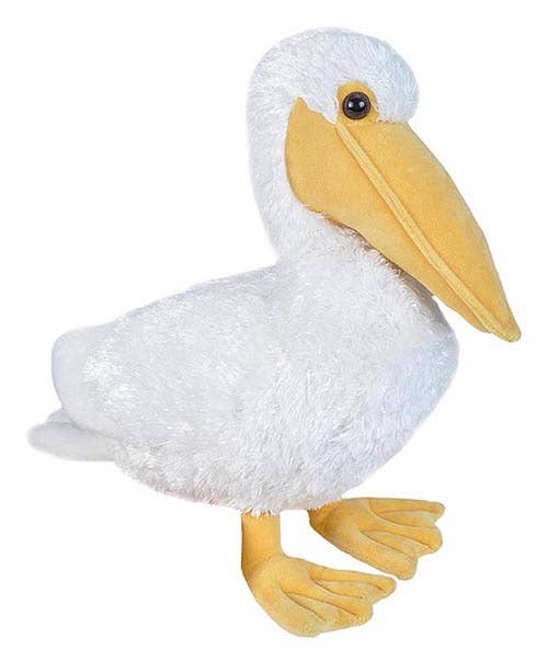 Plush white pelican toy with soft texture and yellow beak and feet