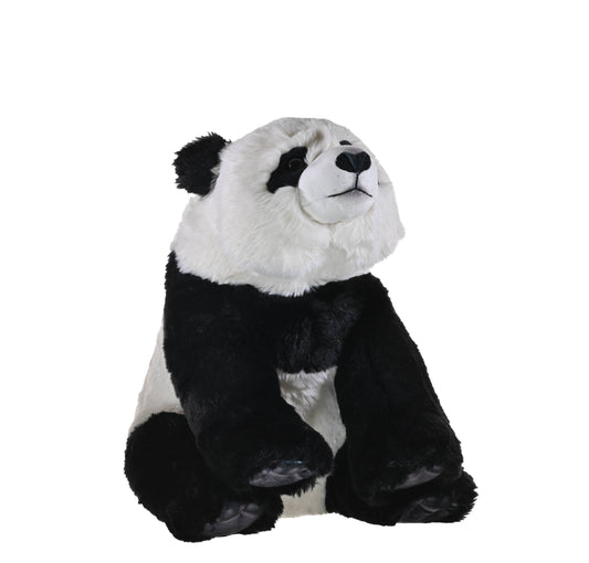 Realistic black and white panda plush toy seated upright