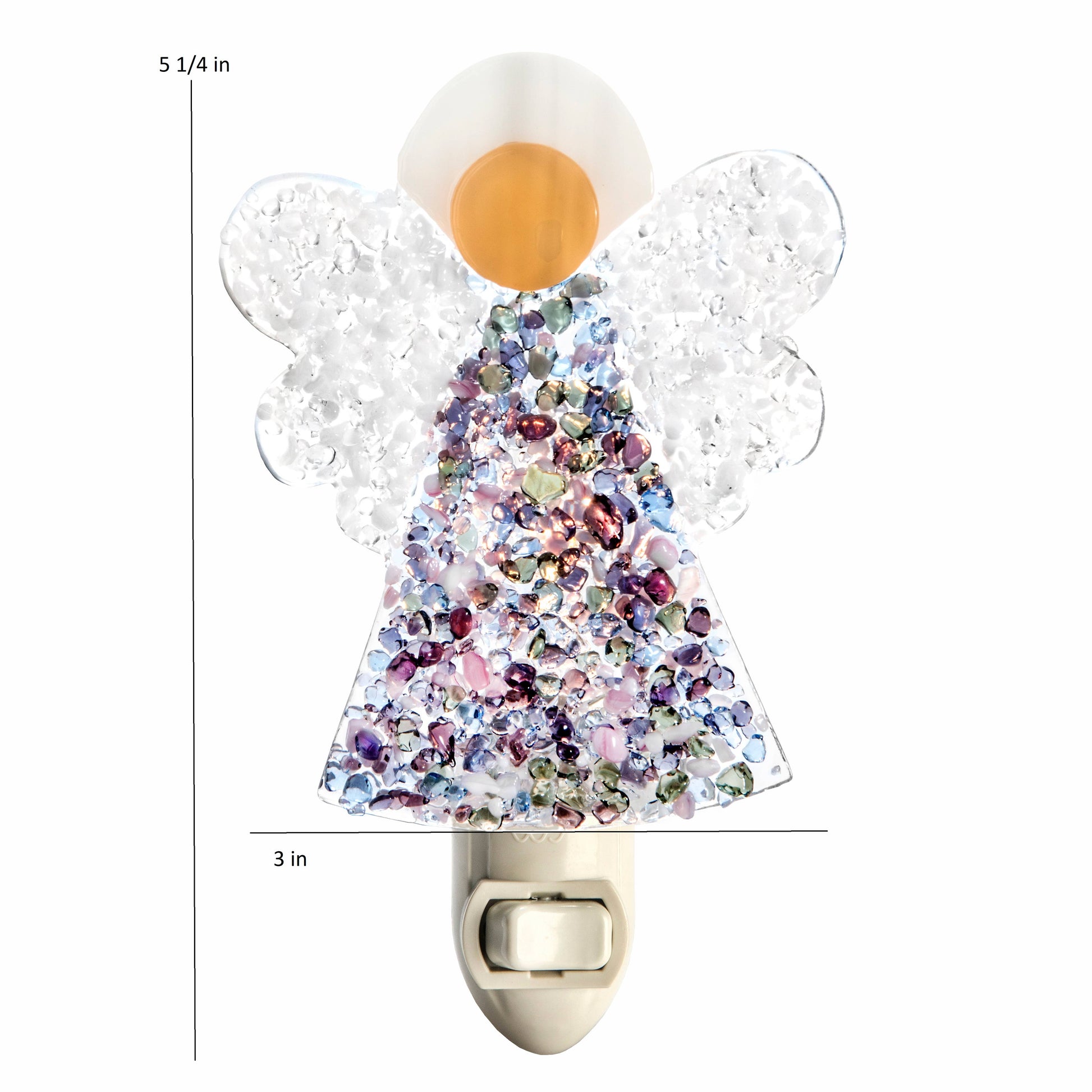 Fused glass angel night light with multicolor, sparkling design and white wings, perfect for Christmas decor.