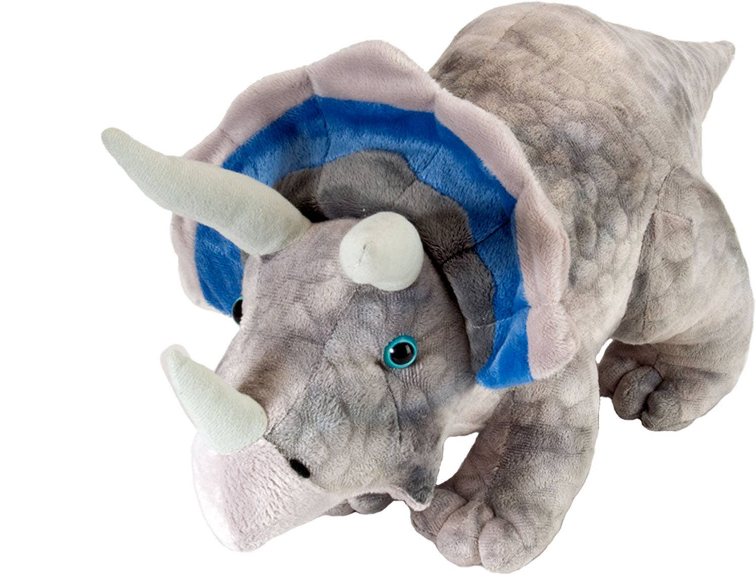 Plush gray and blue mini Triceratops stuffed animal with three horns
