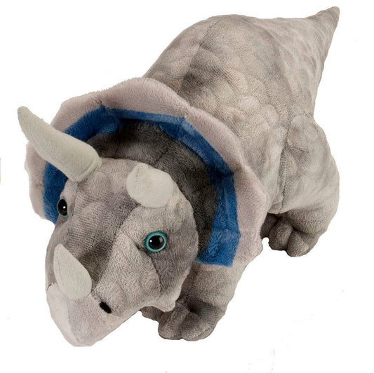 Gray plush triceratops stuffed animal with blue-frilled head and realistic detailing.
