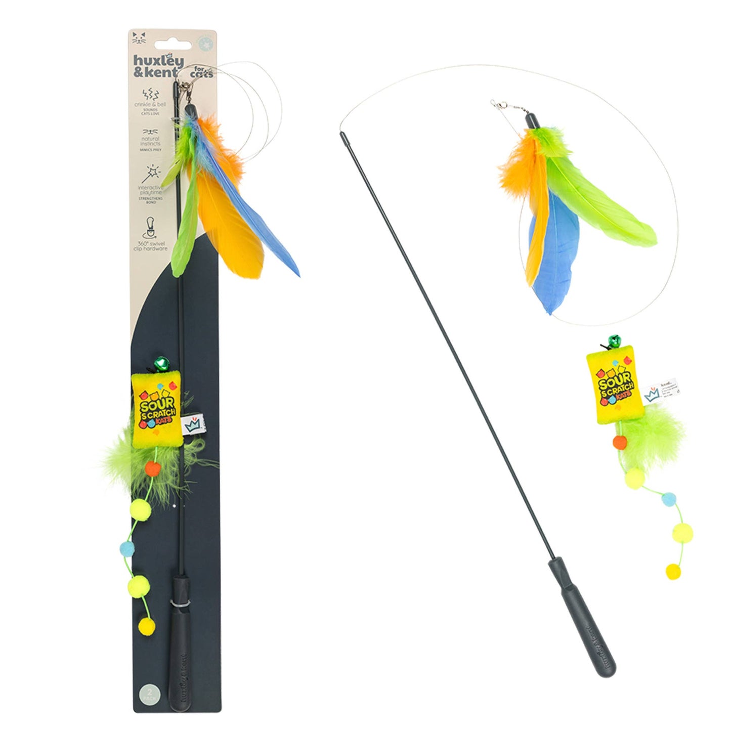 Colorful feather cat wand toy with crinkle sounds and bell