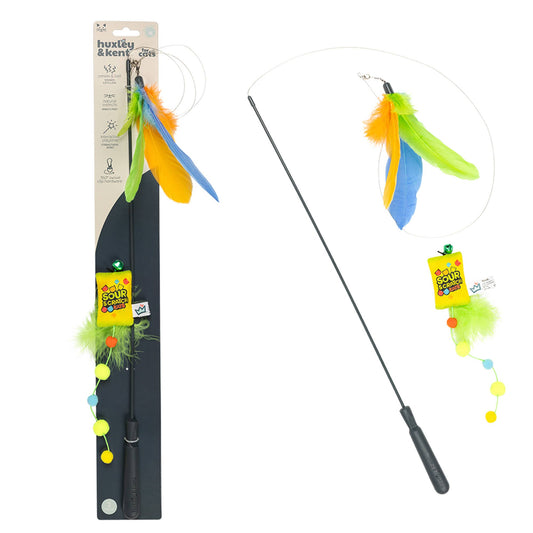 Colorful feather cat wand toy with crinkle sounds and bell
