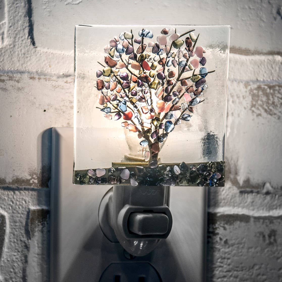Fused glass night light with colorful tree design